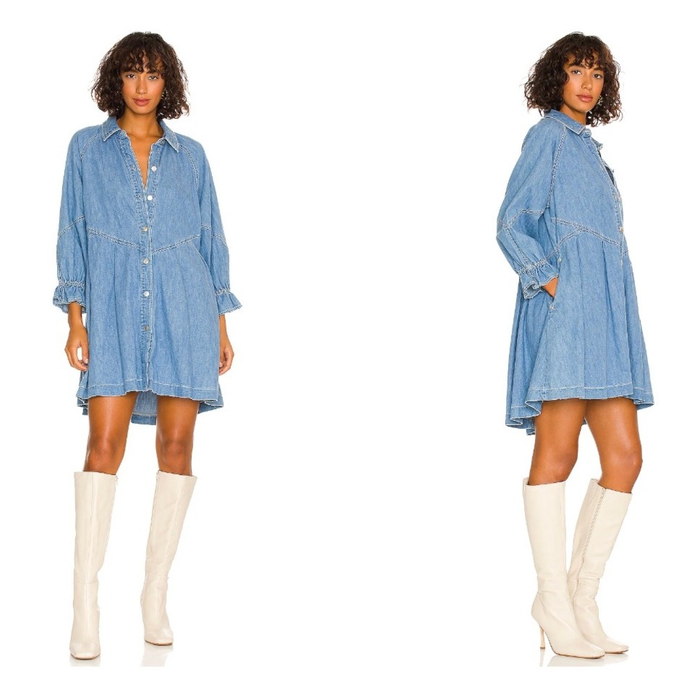 Free People Medium Blue Denim Button-Front Mini Dress